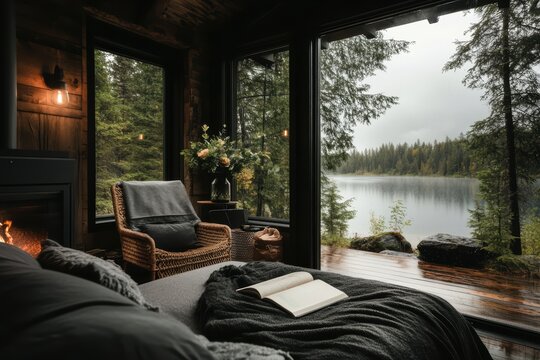 Fototapeta Situated in a rainy summer region, this cozy modern cabin features a wicker chair by the fireplace. The room has large windows overlooking a serene lake and lush summer forest.