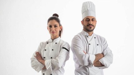 An expert female and male chef posing confidently with arms crossed against a white backdrop, conveying professionalism.