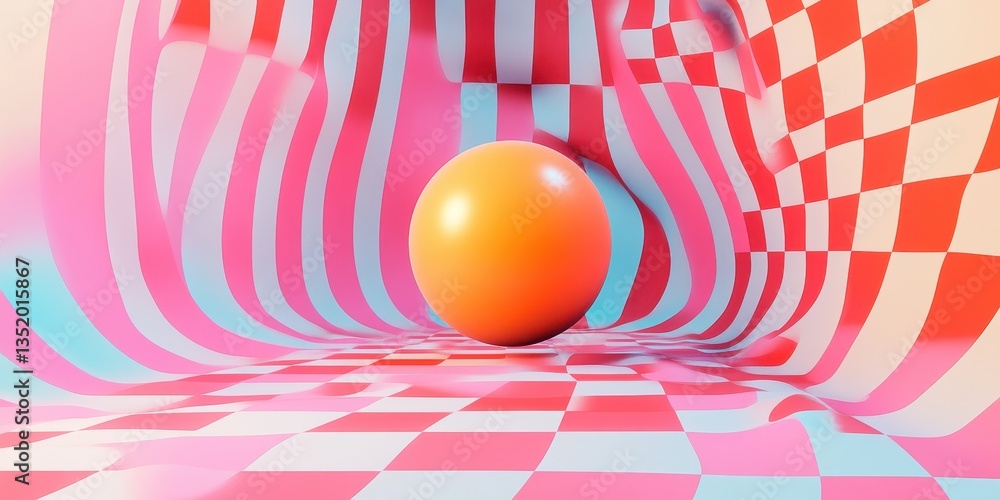 Poster an orange sphere floating in a patterned colorful wavy space