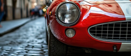 Naklejka premium Closeup of a vibrant red vintage car with white racing stripe parked on a cobblestone street, showcasing classic automotive design and European charm