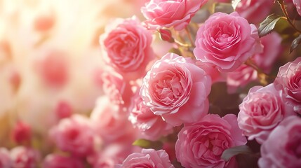 Obraz premium Lush pink roses with dreamy effect. Sweet color roses flowers in pastel tone with blurred style for background pattern texture. Beautiful pink roses in soft sunlight.