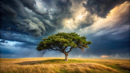 Obraz premium A lone tree stands strong against the fierce stormy weather, its branches swaying violently in the wind