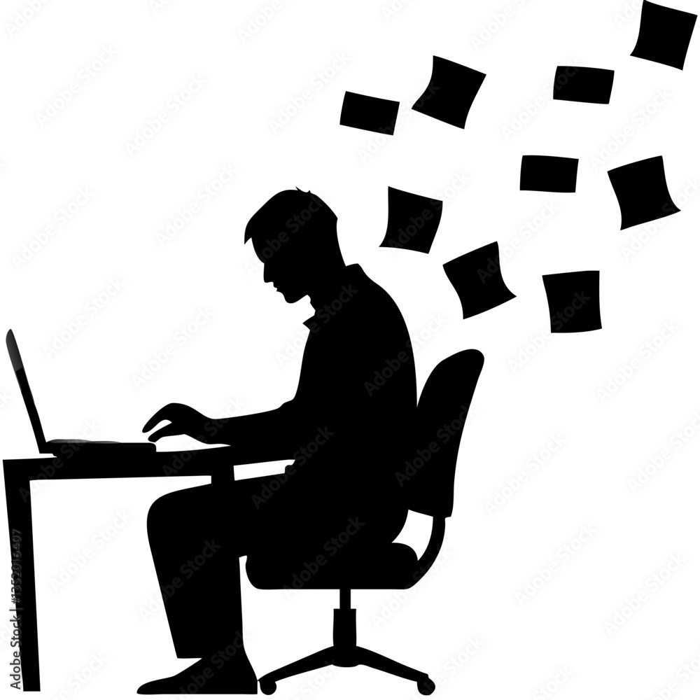 Poster silhouette of busy office worker on computer with flying papers vector art