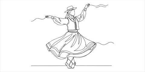 Traditional Dance Performance on Stage Local cultural dancers performing in colorful costumes during a traditional event, single one line art hand drawing sketch white background