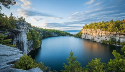 Scenic clifftop lake view, autumn foliage, sunrise