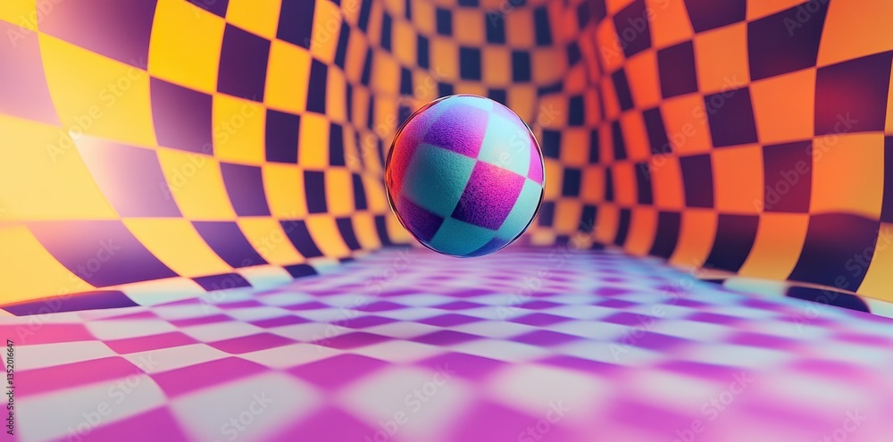 Poster a checkered sphere floating in a colorful curving room