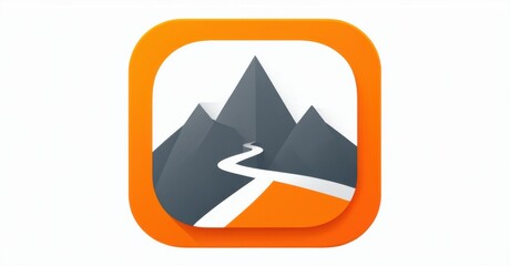 Glossy orange and gray weekend adventure planner app icon with mountain and travel route realistic detailed glossy style round square shape modern app icon bold vibrant colors