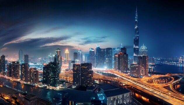 City panorama, night town, infrastructure landscape. Generated image