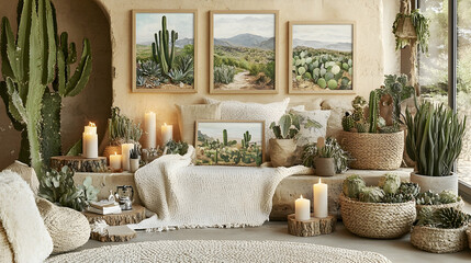 Desert landscape artwork displayed in cozy room interior with cacti, candles, and textiles; home decor inspiration