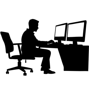 recommend clip art: Office Worker at Desk with Dual Monitors Silhouette Vector Illustration