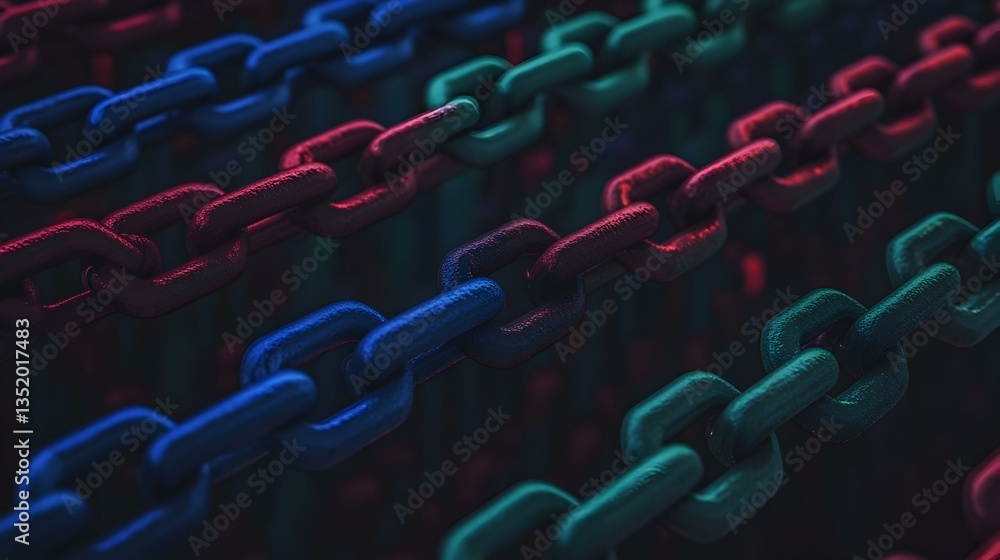 Poster abstract image of colorful interconnected chains. represents connection, security, or technology.
