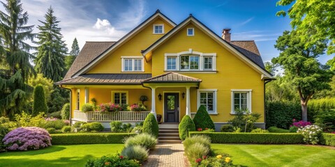 Sunny Yellow House with Lush Green Garden Frontage , architecture, green,  architecture, green, yellow house