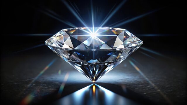 A large diamond with deep facets glitters on a sleek black background