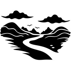 Obraz premium Majestic Mountain Landscape Vector Silhouette with Flight of Birds and Winding River