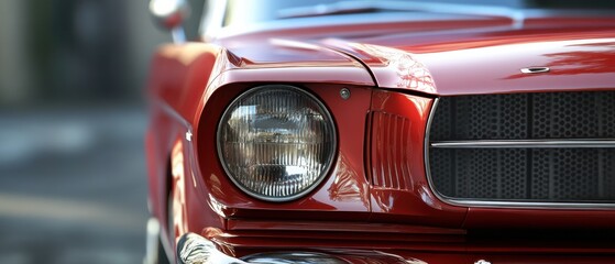 Fototapeta premium Closeup of a shiny red vintage Mustang car headlight and grill, showcasing classic automotive design and detail