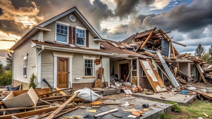 Destruction of a house with debris scattered all over the place, windows broken and doors hanging off the frame, with a tornado warning sign in the background , devastation, natural disaster