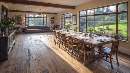 Fototapeta premium Sunlit rustic dining room with long wooden table, ample seating, and scenic views.