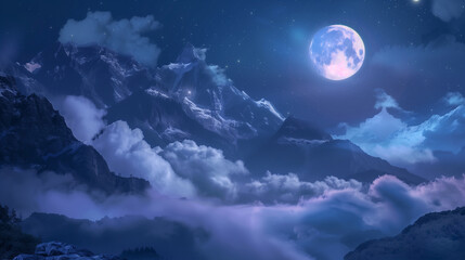 A bright full moon lights up soft clouds floating above towering mountains under a calm night sky.