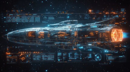 Obraz premium Futuristic Spaceship: A digital rendering of a sleek, high-tech spaceship, glowing with vibrant orange and blue energy signatures against a backdrop of stars.