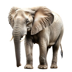 Fototapeta premium A massive, well-built elephant with a thick grey wrinkled hide and long trunk stands in a realistic side-view portrait, full body on a white background, with large floppy ears, dark eyes, and a calm, 
