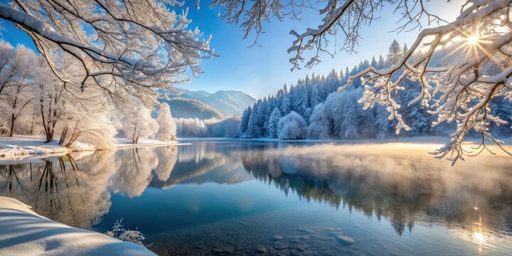 Frosty morning on a snow-covered mountain forest with bare tree branches and a frozen lake in the background , mountains, winter
