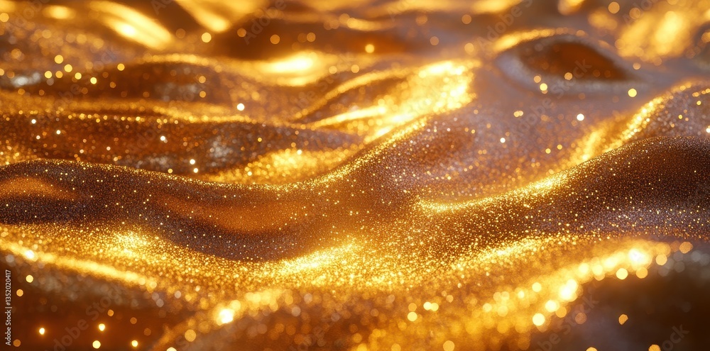Poster shimmering and flowing golden surface with many sparkling particles