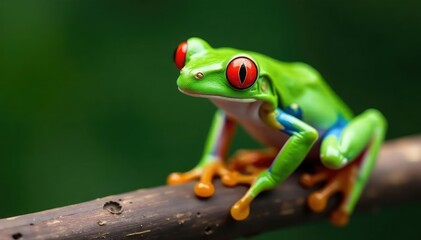 Single red-eyed tree frog on pure white, striking eyes visible, closeup, perched