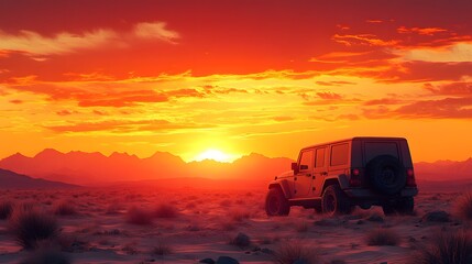 Fototapeta premium Offroad vehicle parked in a remote desert landscape under a golden sunset illustration
