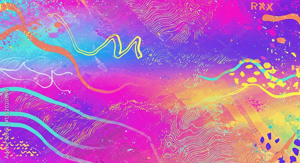 Poster A colorful abstract painting with a lot of lines and splatters