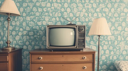 Vintage TV on dresser, retro room, 70s decor, nostalgic scene
