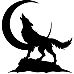 Fototapeta premium Howling Wolf Silhouette Against Crescent Moon for Tattoos and Posters
