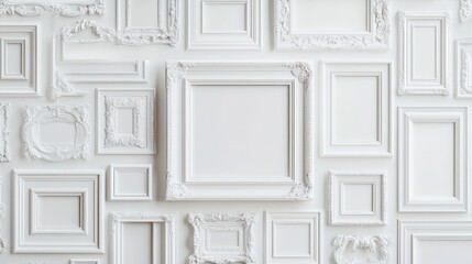 A wall of white frames with a white frame in the middle