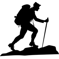 Silhouette of Hiker Trekking Mountain with Backpack and Walking Stick Vector