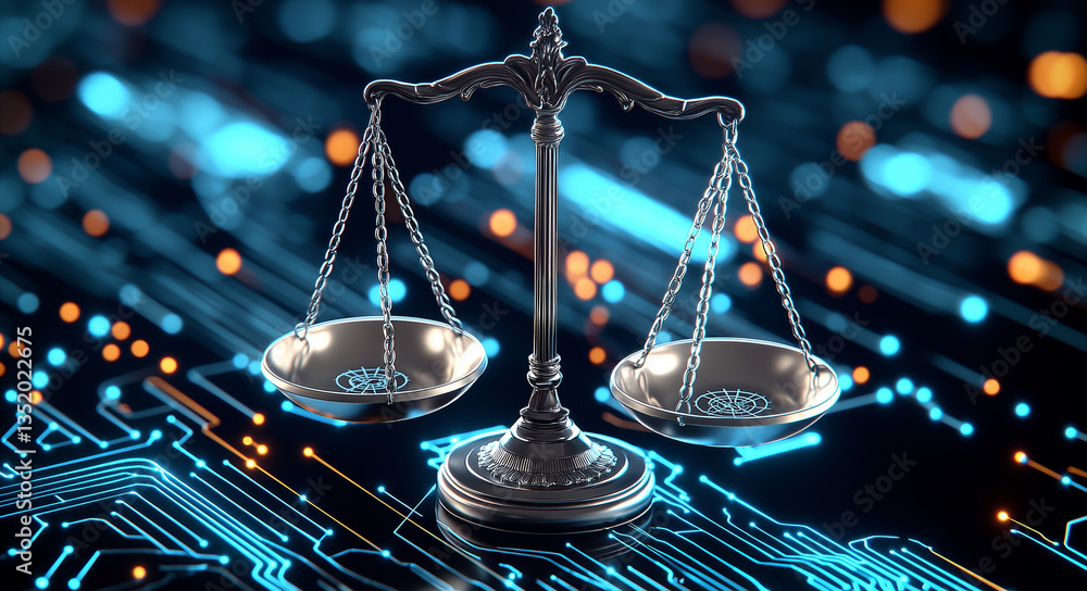 Poster digital illustration depicting balanced scale symbolizing justice, set against backdrop of glowing c