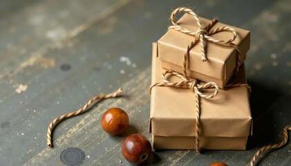 Subtle kraft paper gift boxes, twine accents, muted tones, packaging, twine