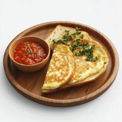Egg omelet toasted and chili sauce on wooden plate isolated white background