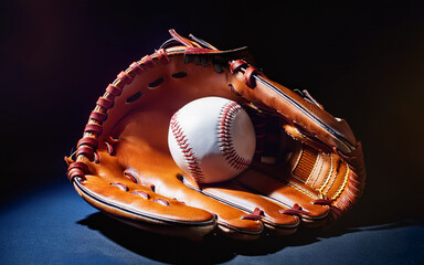 baseball ball and baseball glove with dark background