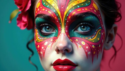 Symmetrical lines & curves on a painted face mask , bold, intricate, vibrant
