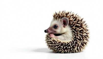 Tiny hedgehog curled in a ball on pure white background, clipart, illustration, image