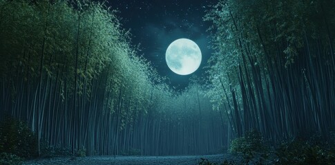 A luminous full moon hangs above tall bamboo trees at night
