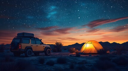 Explorer resting next to an offroad truck with a tent set up under desert stars illustration