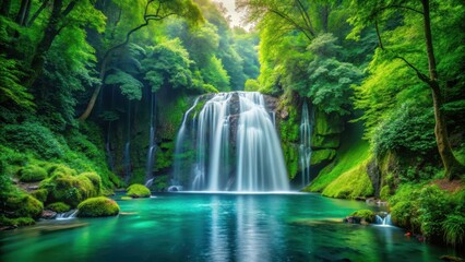 Obraz premium Tranquil waterfall cascades through a dense, emerald green forest, surrounded by tall trees and vibrant foliage , forest