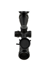 A black rifle scope with adjustment knobs and lens covers for precision shooting.