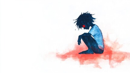 Pastel Watercolor Illustration of Depressed Boy Slumped in Bad Emotional State