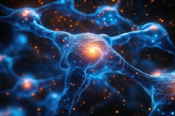 Detailed Digital Art of Neural Cells with Glowing Blue Bioluminescence in Abstract Cosmic Background
