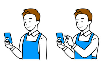 スマートフォンの画面を見るエプロン姿の男性のセット（見る/操作）