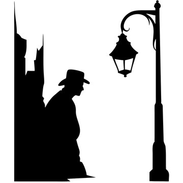 recommend clip art: Mysterious Man Silhouette with Hat and Street Lamp Vector Art