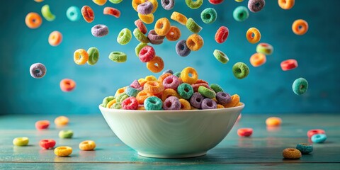 Colorful fruit loops ring explosion in a playful bowl, playful, bowl,  playful, bowl, fun, explosion