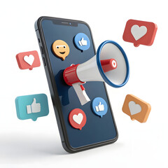 Social media marketing megaphone on phone with likes and hearts for engagement boost