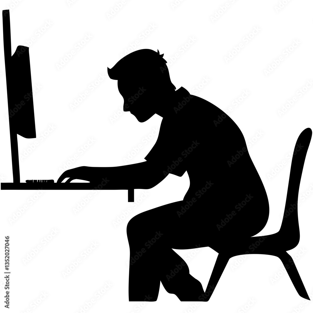 Poster silhouette of man sitting and typing at desk with computer for office workspace design